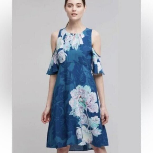 Maeve Anthropologie Elia Floral Print Cold Open Shoulder Dress Size 8 Teal Blue - Picture 9 of 9